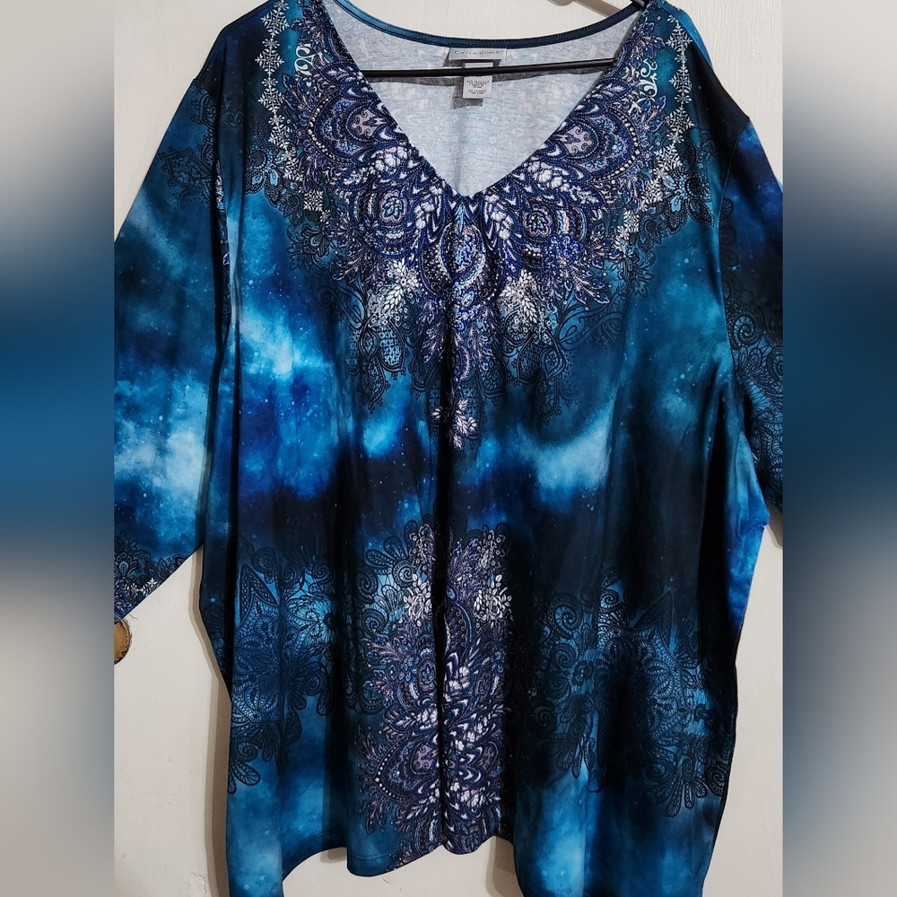 Catherine's blouse. Blue galaxy look with jeweled neck line.